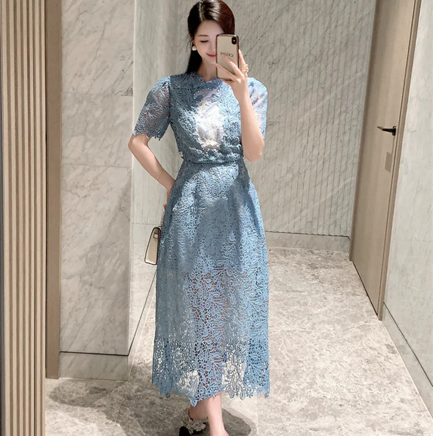 Runway Fashion Summer Blue Lace Hollow Out Party Dress Luxury New Women O Neck Flower Embroider Pearls Beaded Slim Midi Vestidos