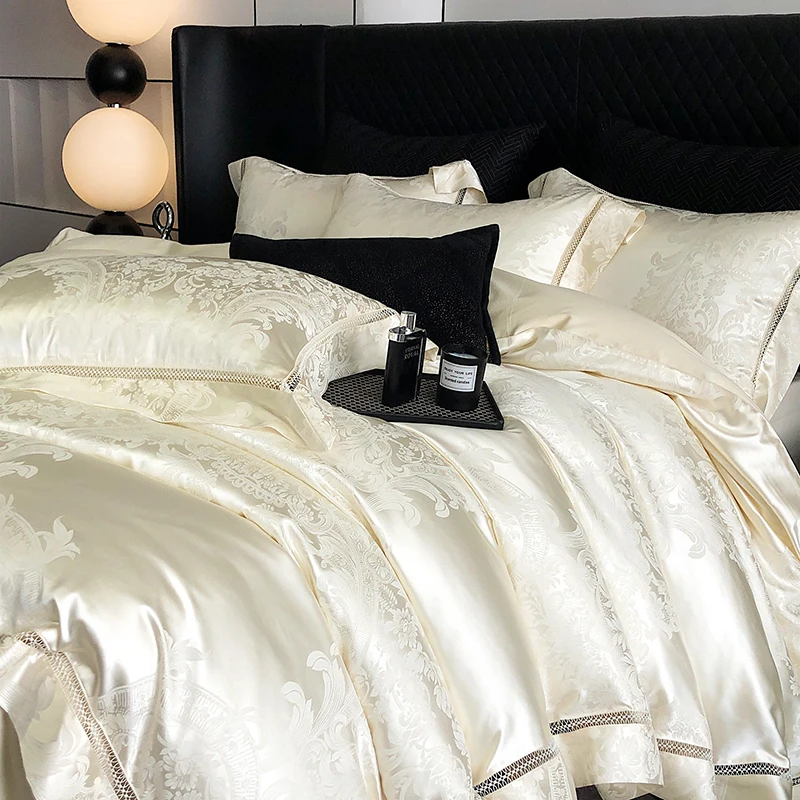 

Beige Jacquard Satin Bedding Set Luxury 4pcs Hollow out Embroidery Quilt Cover Bed Sheet Pillowcases Queen King Size