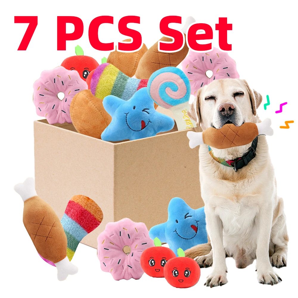 

Набор для собак из 7 предметов, плюшевые скрипучие жевательные игрушки, прочные интерактивные игрушки для щенков с защитой от сноса, фруктов и овощей для маленьких и больших собак
