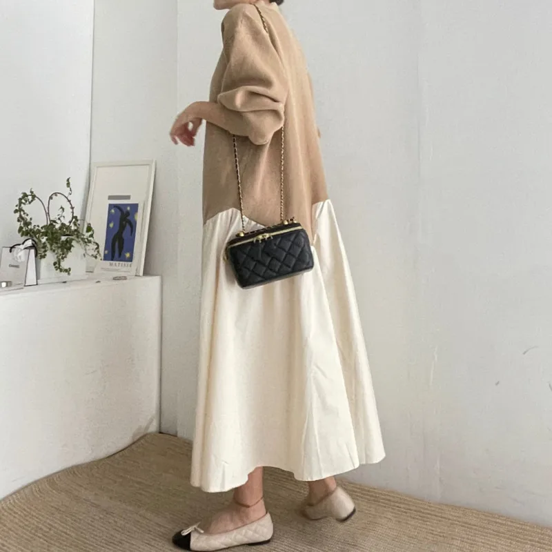 [EWQ] Long Sleeve V-neck Knit Patchwork Contrast Colors Loose Dress Single Breasted Casual Women Dresses 2024 Autumn New 16O1943