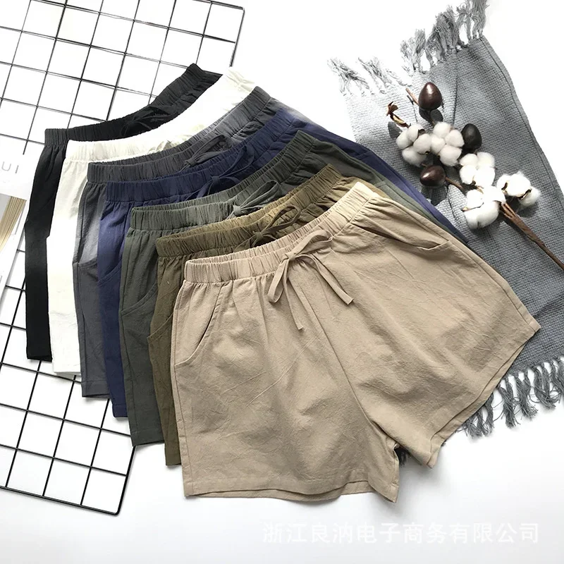 Damen-Shorts aus Baumwollleinen – Sommer-Sportshorts mit hoher Taille, einfarbige, lässige Basic-Hose, modische schwarze Shorts in Übergröße