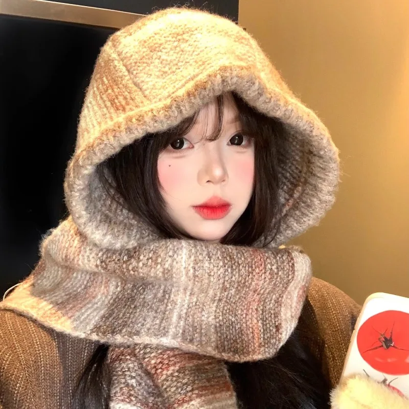 

Корейские ретро разноцветные вязаные шапки-балаклавы для женщин, осенне-зимний теплый универсальный шарф для путешествий, интегрированная шапка-бомбер