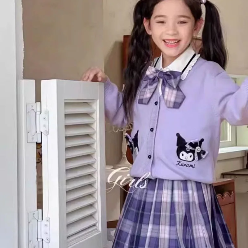 سانريو كورومي الكرتون الفتيات Jk دعوى الربيع لطيف المألوف نمط Preppy ثلاث قطع دعوى سترة محبوك سترة مطوي تنورة جديد