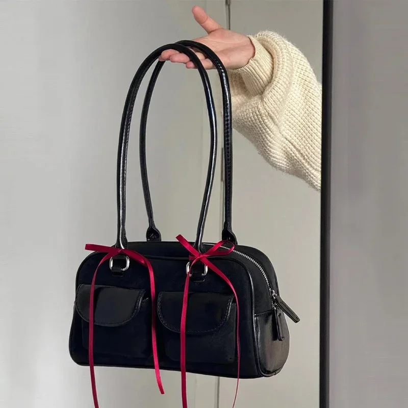 Bolso de hombro para mujer de moda coreana, ante suave con cuero PU, bolso de bolos, informal, de lujo, Vintage, nuevo bolso de mano Boston 2024