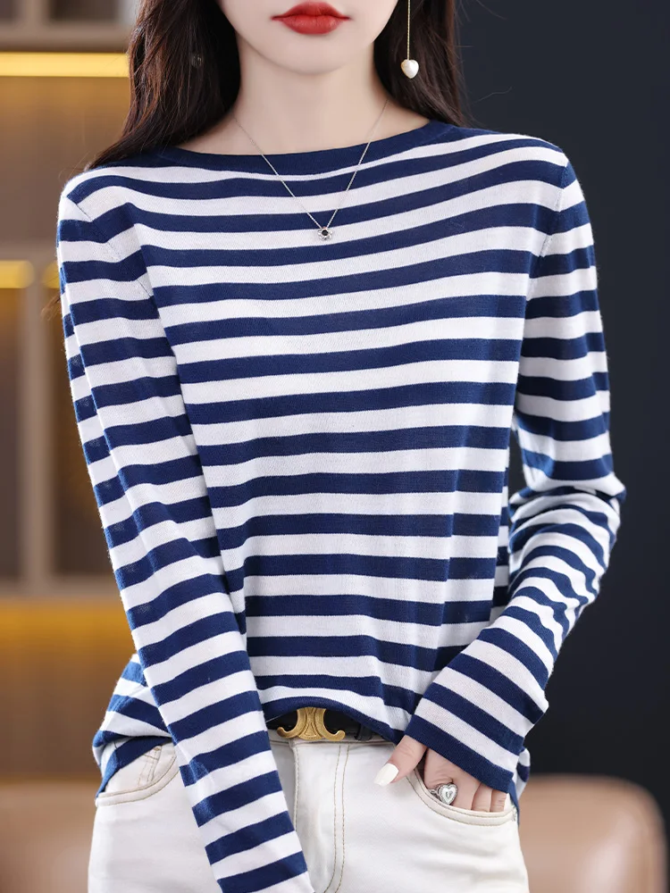 

Spring Autumn Women Casual Striped Pullover Sweater O-neck Long Sleeve Clothes 30% Merino Wool Knitwear Korean Popular Tops