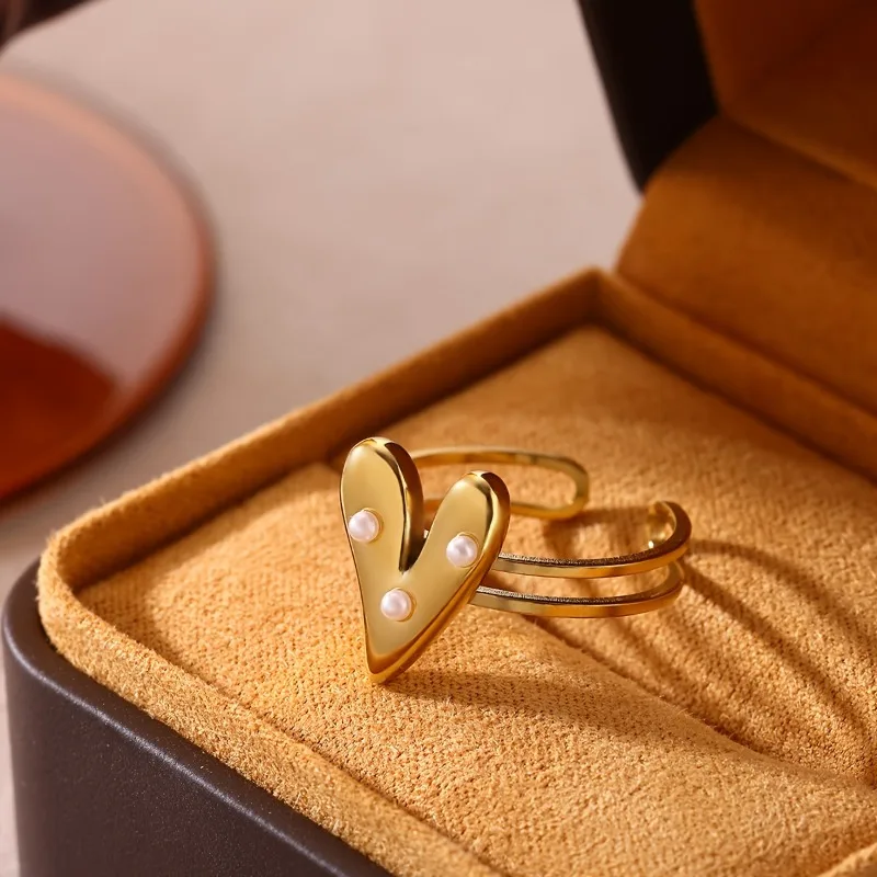 Fashionable and Simple Heart-shaped Style Imitation Pearl Double-layer Open Ring, Suitable for Daily Party Jewelry Gifts