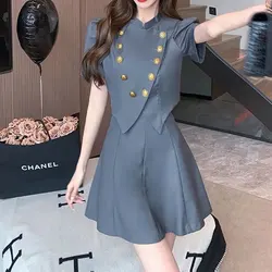 Elegant Fashion Harajuku Slim Fit Female Clothes Loose Casual All Match Short Sleeve Tops Women Solid Button Skirt Two Piece Set