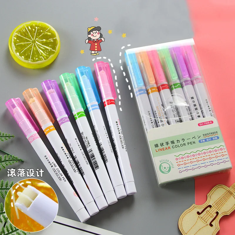 

6Pcs/set Kawaii Flowers Line Shaped Highlighter Pens Roller Tip Curve Liner Marker for Drawing Writing Journaling Stationery