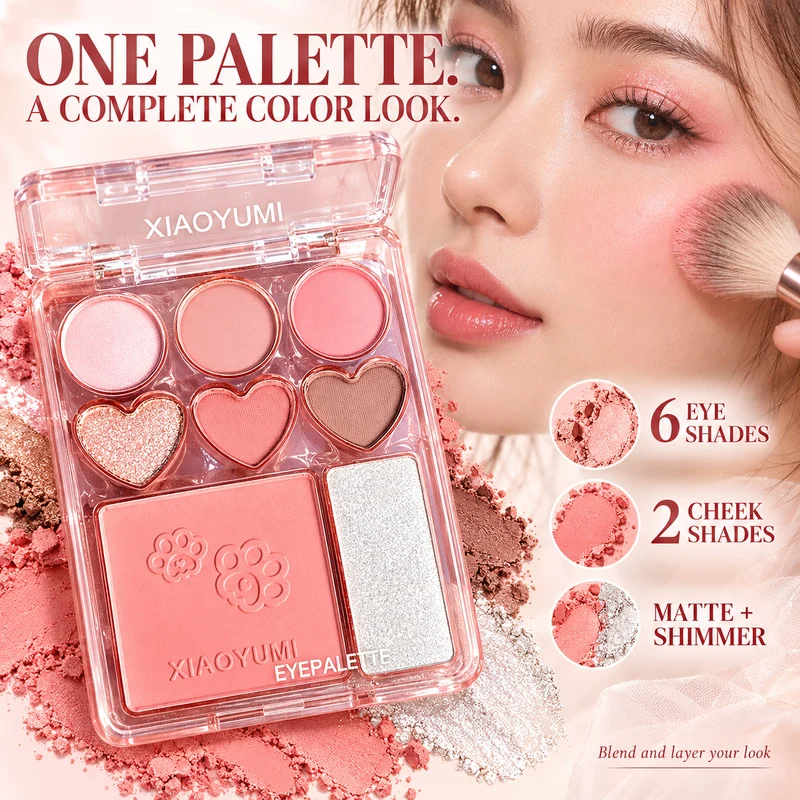 XIAOYUMI 8 Colors Eyeshadow Blush Palette 6 Eye Shades 2 Cheek Shades Matte Shimmer Highlighter Pink Peach Coral Nude Makeup Kit gallery 4