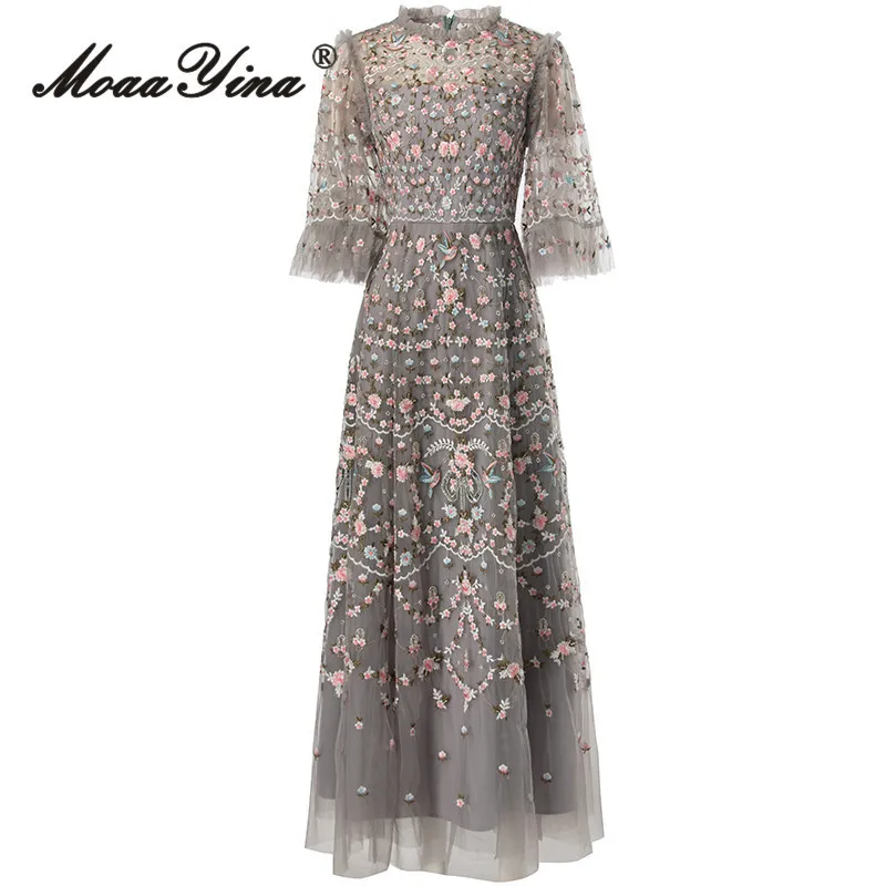 

MoaaYina Fashion Designer Summer Women's Dress Vintage Gorgeous Flowers Embroidery Beading Net Yarn Temperament Flutter Dresses