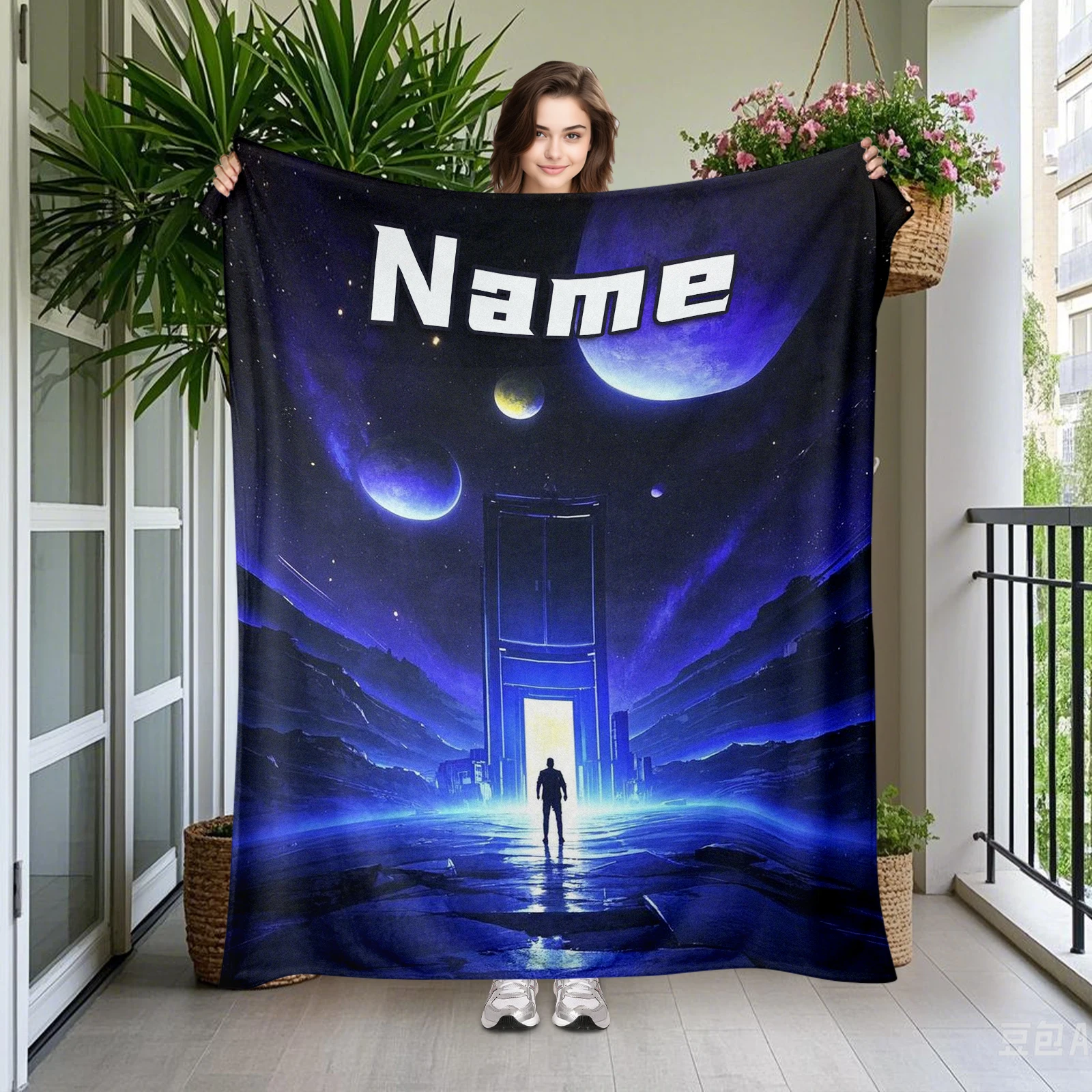 

Cozy Flannel Blanket With Illustrations Of People At The Door Ready To Explore A New World