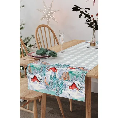 Perdante Snowy Trees and Houses Christmas Themed Runner (45x140 Cm)