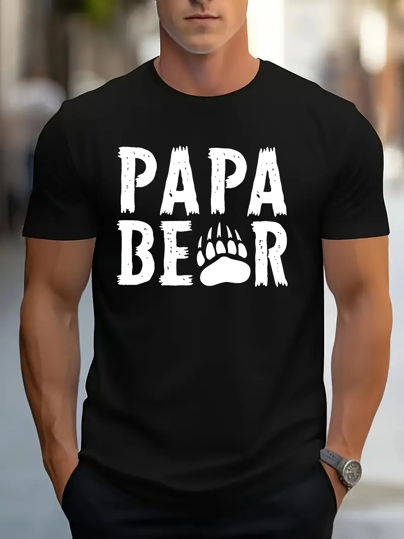 

Men'S Casual Crew Neck T-Shirt with Papa Bear Print, Polyester Short Sleeve Tee, Lightweight Summer Top for Daily and Leisure