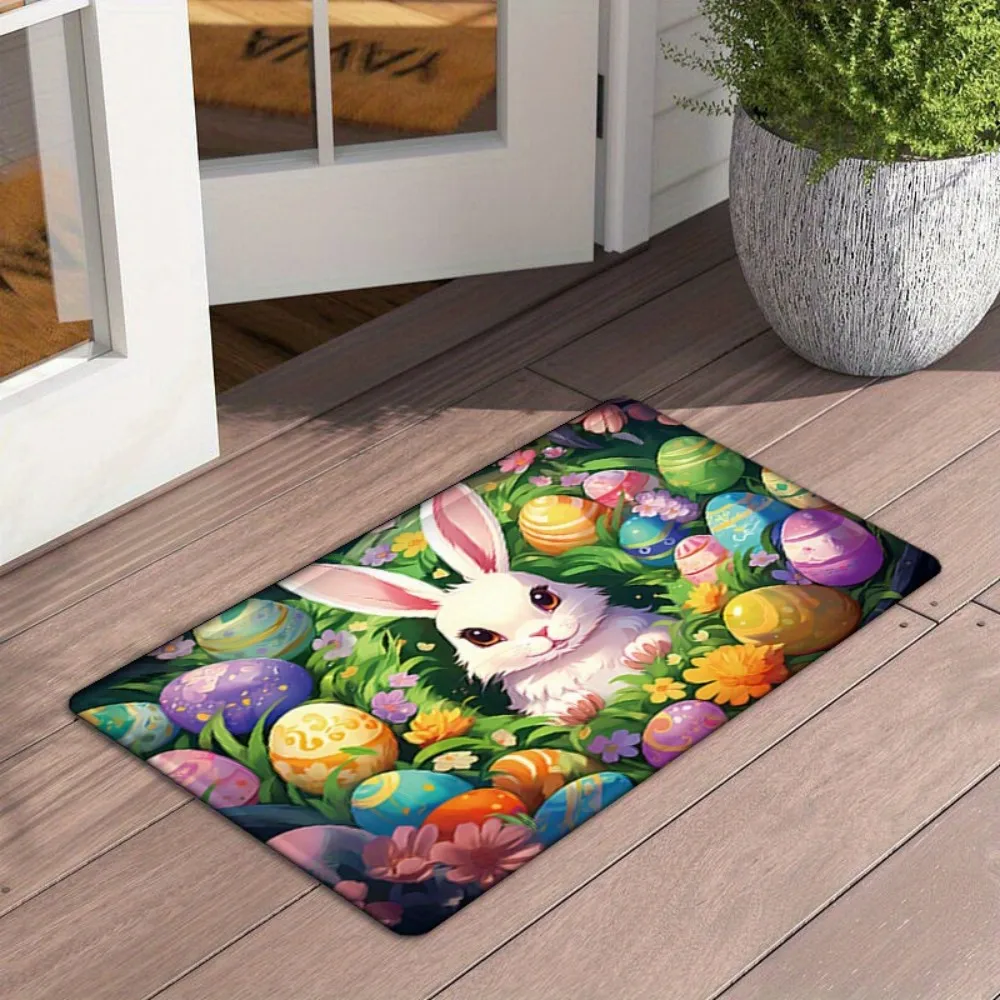 VIKAMA Easter Cartoon Rabbit Print Floor Mat, Non-Slip And Absorbent, For Entrance, Kitchen And Bathroom Home Decoration Carpet