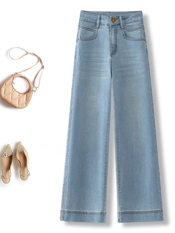 High Waist Slim Straight Jeans Women's Spring Summer New Style Thin High Waist Slimming Small Size Nine Point Wide Leg Pants