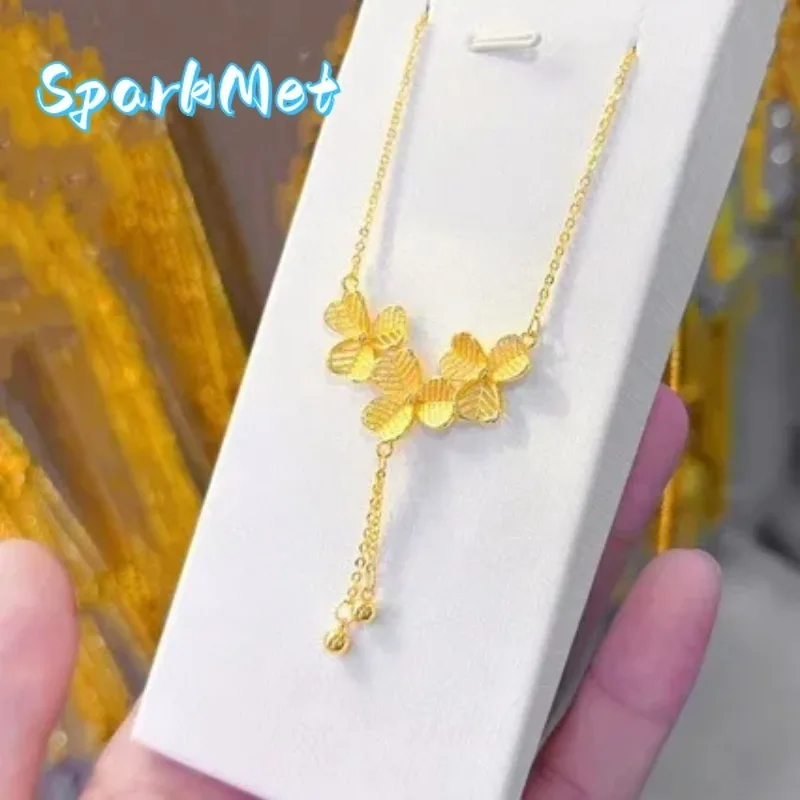 

Sparkmet Shining Sand Three Leaf Flower Chain 9999 24K Real Gold Female Retro High-end Bride Wedding Floral Necklace
