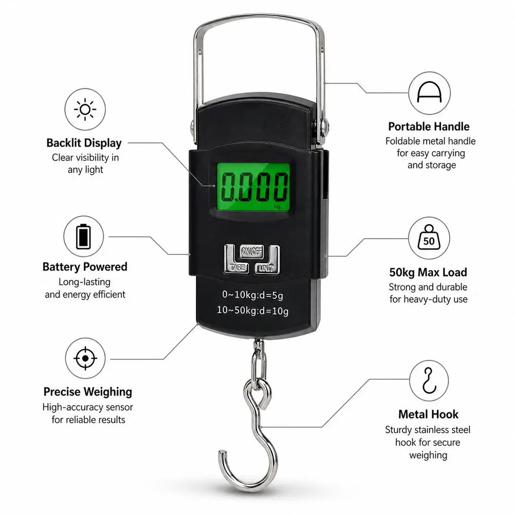 Battery Powered Electronic Hanging Scale LCD Backlit Display Plastic Housing Digital Hanging Scale Portable Metal Hook