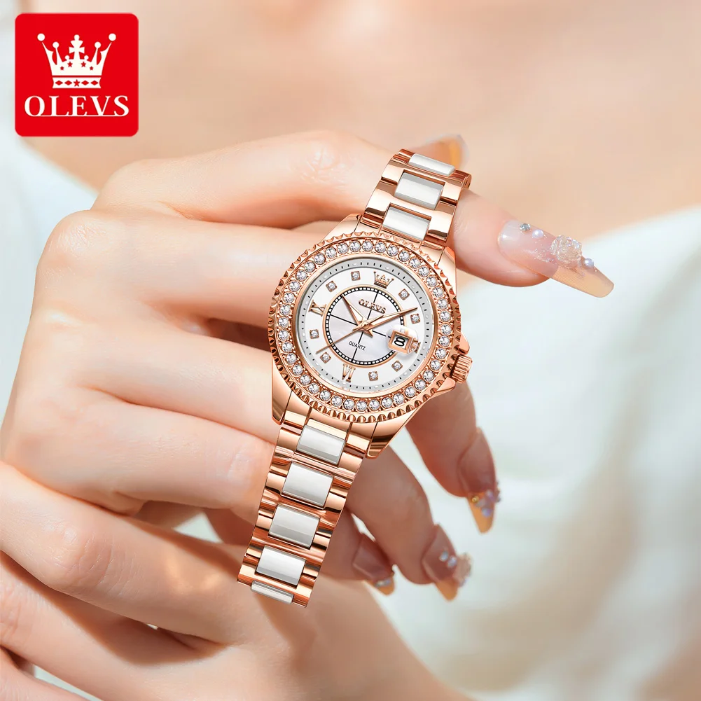 OLEVS 3685 Womens Watch Quartz Watch luxury Waterproof Luminous Diamond Bezel Automatic Date Stainless Steel Ladies Watch