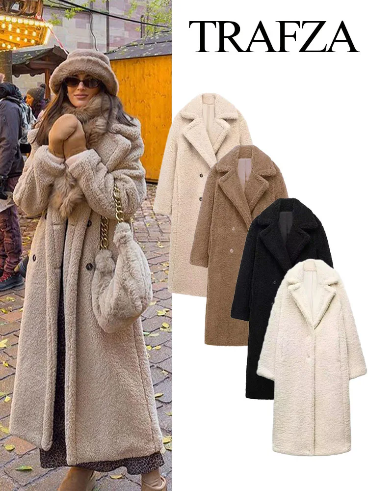 TRAFZA Women Fashion Solid Button Coat Vintage Lapel Neck Long Sleeves Female Winter Chic Casual Thick Warm Fleece Overcoat