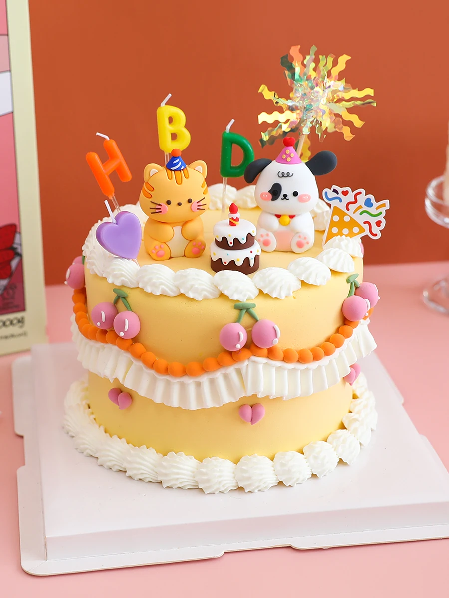 Kids Birthday Cake Topper Home Ornament Cartoon Cake Decoration Happy Birthday Party Kitten Puppy Bear Bunny Soft Rubber Doll