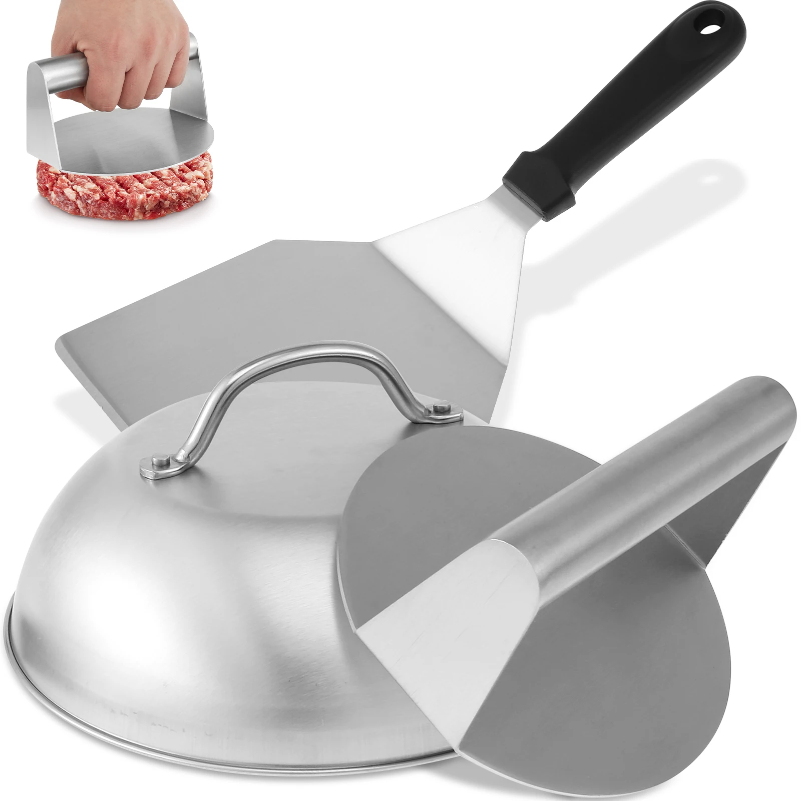 Smash Burger Kit with Lid Griddle Spatula 5.5 Inch Stainless Steel Burger Press 8.9 Inch Basting Cover 13.38 x 5.5 Inch Grill