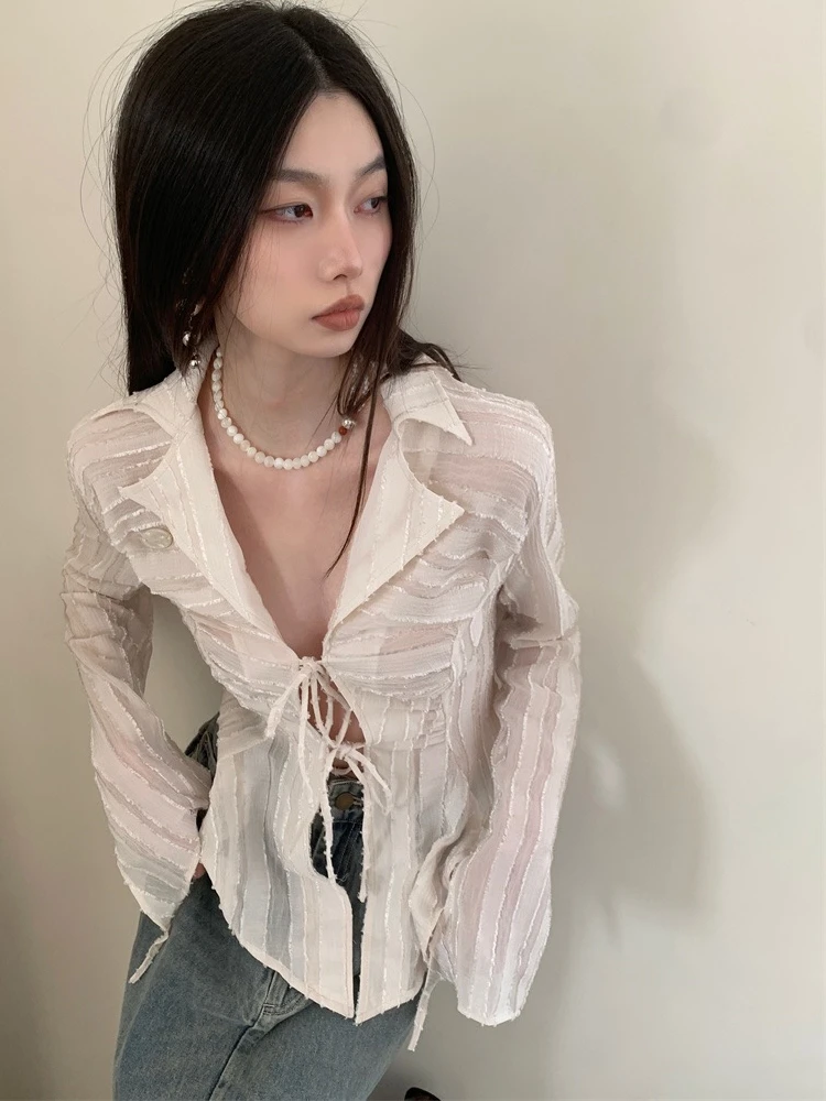 Genayooa Fairycore Lace Up Blouse Women Long Sleeve Spring 2023 New Turn-down Collar Women Shirt Ladies Tops Korean Fashion