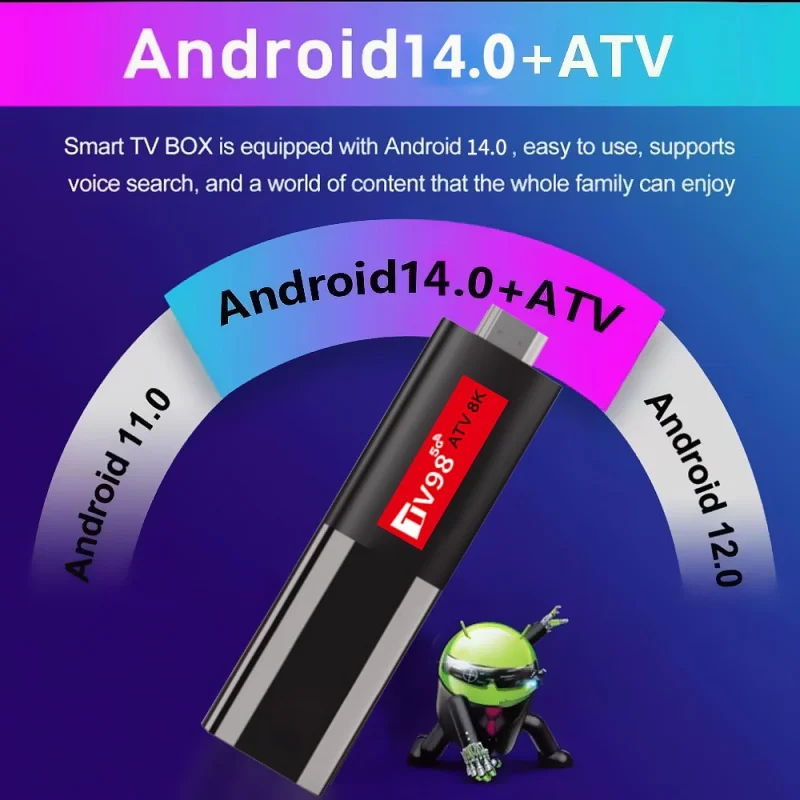 TV98 ATV 8K TV Stick Allwinner H618 Quad Core Android 14 HDR10 8K 4K 3D WIFI6 2.4G e 5.8G BT 5.0 Controle remoto por voz iptv Smart TV BOX