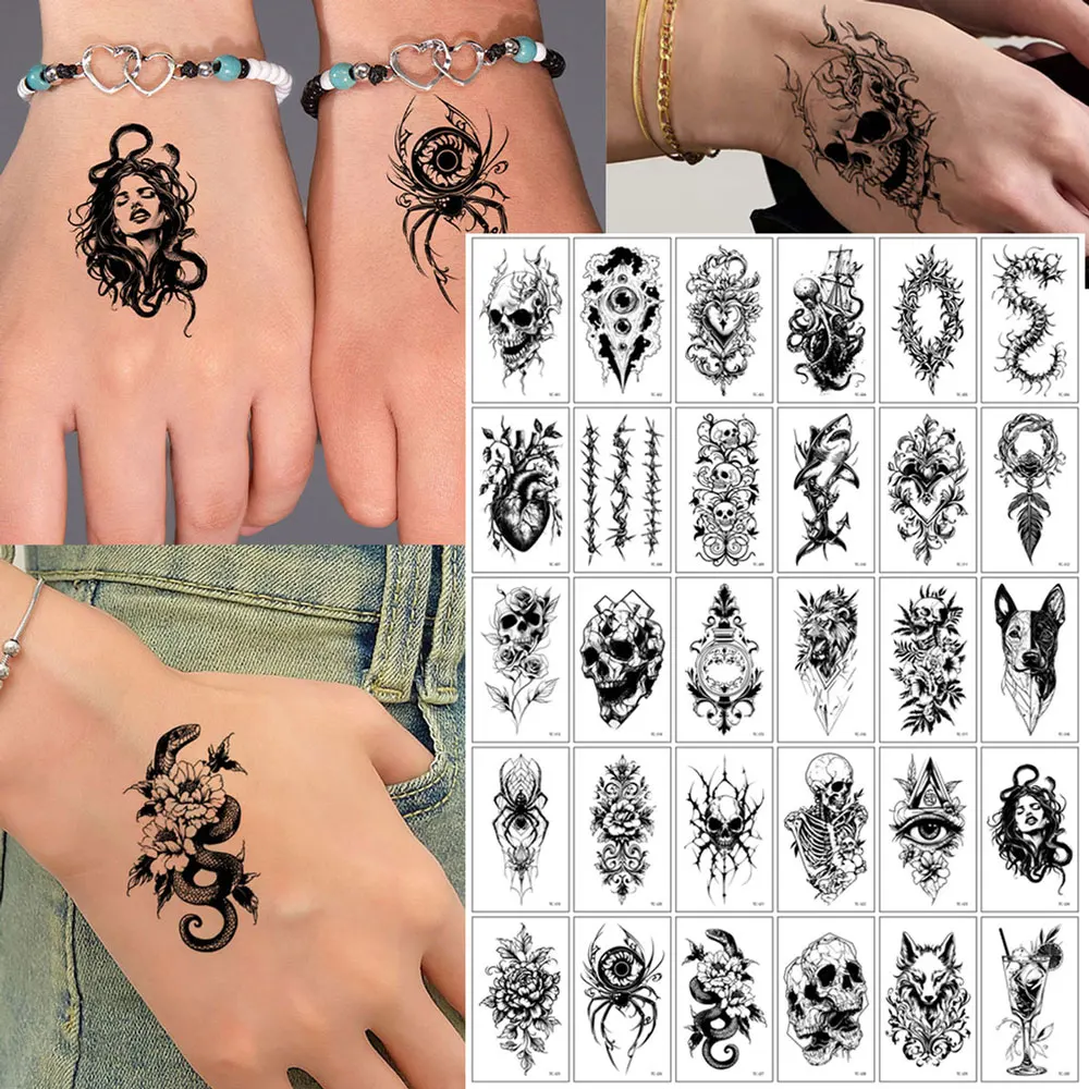 

30 шт., наклейка-тату с рисунком Хэллоуина, череп, глаз, паук, змея, роза, водонепроницаемая, подходит для мужчин и женщин, руки, лодыжка, боди-арт