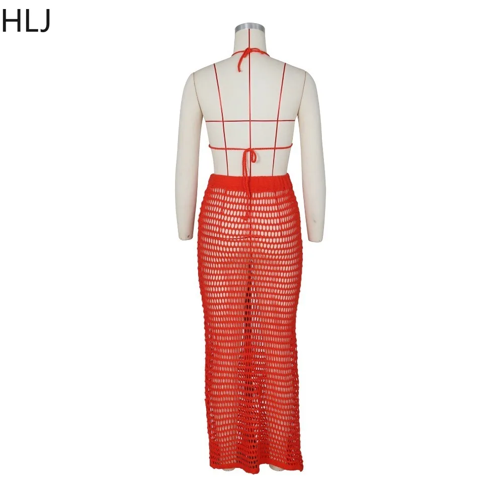 HLJ Sexy Knitting Hollow Perspective Skinny Skirts Two Piece Sets Women Sleeveless Bra And Skirt Outfits Fashion Beach Clothing