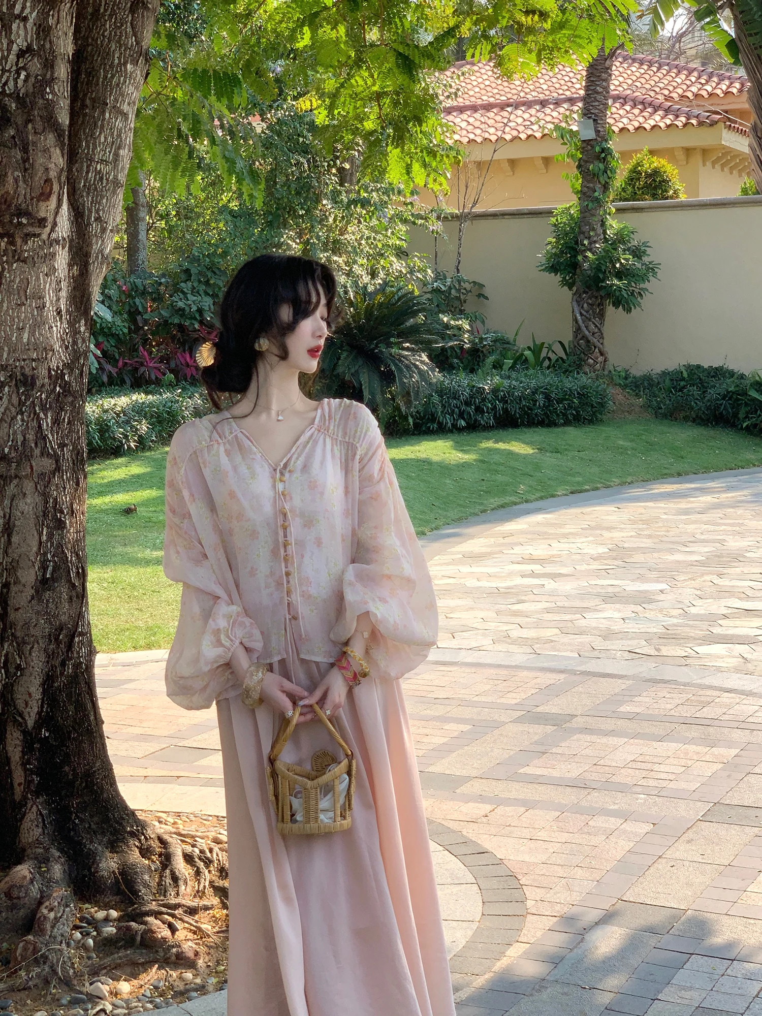 

Romantic Small Cherry Blossom Lantern Sleeve Shirt High Waist Skirt Set Breathable Loose Fit French Style Summer Fashion
