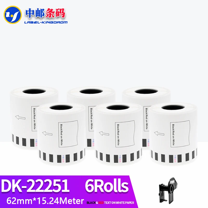 

6 Refill Rolls Compatible DK-22251 Thermal Dual Color Label 62mm*15.24M Continuous Brother QL-800/810/820 Printer Red/Black Text