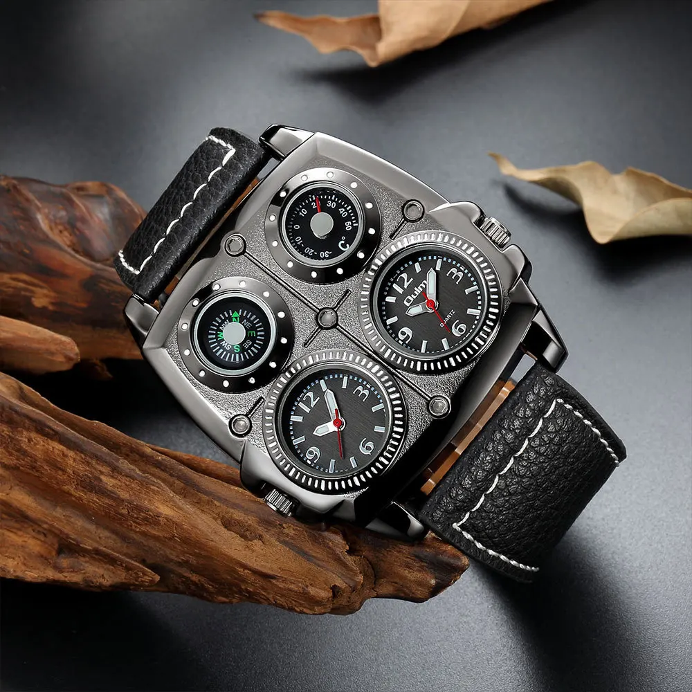 

OULM Men's Punk Style Multi-Function Sports Watch Large Dial with Compass & Thermometer Multi-Movement Quartz Waterproof Leather