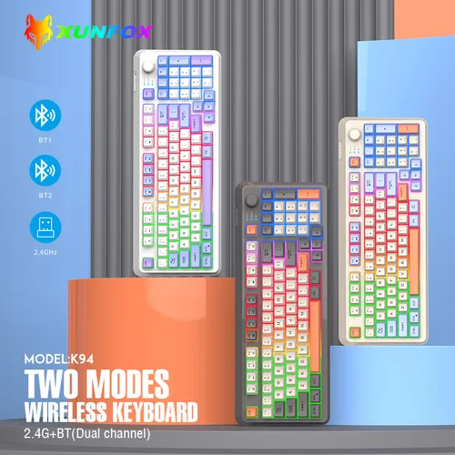 Imagen 2 del producto Teclado inalámbrico español con la Ñ con diseño en español, ruso, árabe, coreano, kit de ratón, conexión Bluetooth 2.4G, retroiluminación RGB, perilla de volumen, 94 teclas, batería integrada tipo C, diseño ergonómico