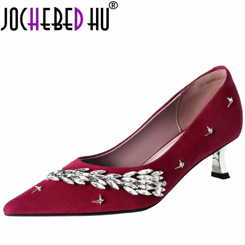 

【JOCHEBED HU】Handmade Pointed Toe Mid Heels Women New Frosted Rhinestone Elegance Skirt Commute Professional Single Shoe 34-40