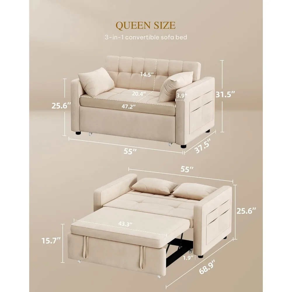 Sofá cama convertible de 55", sofá cama de terciopelo con cama extraíble, sofá futón 3 en 1 con respaldo reclinable y bolsillo lateral