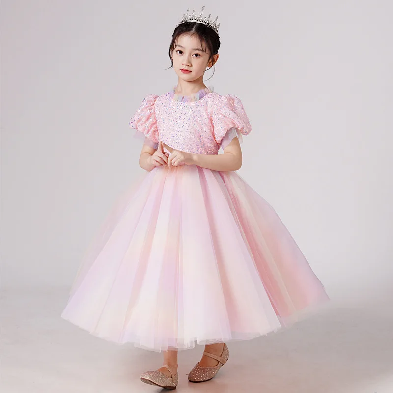 

Pink/Blue Sequins Lace Tulle Flower Girl Dress Girls Rainbow Princess Gown TUTU Birthday Party Dress Junior Bridesmaid Dresses