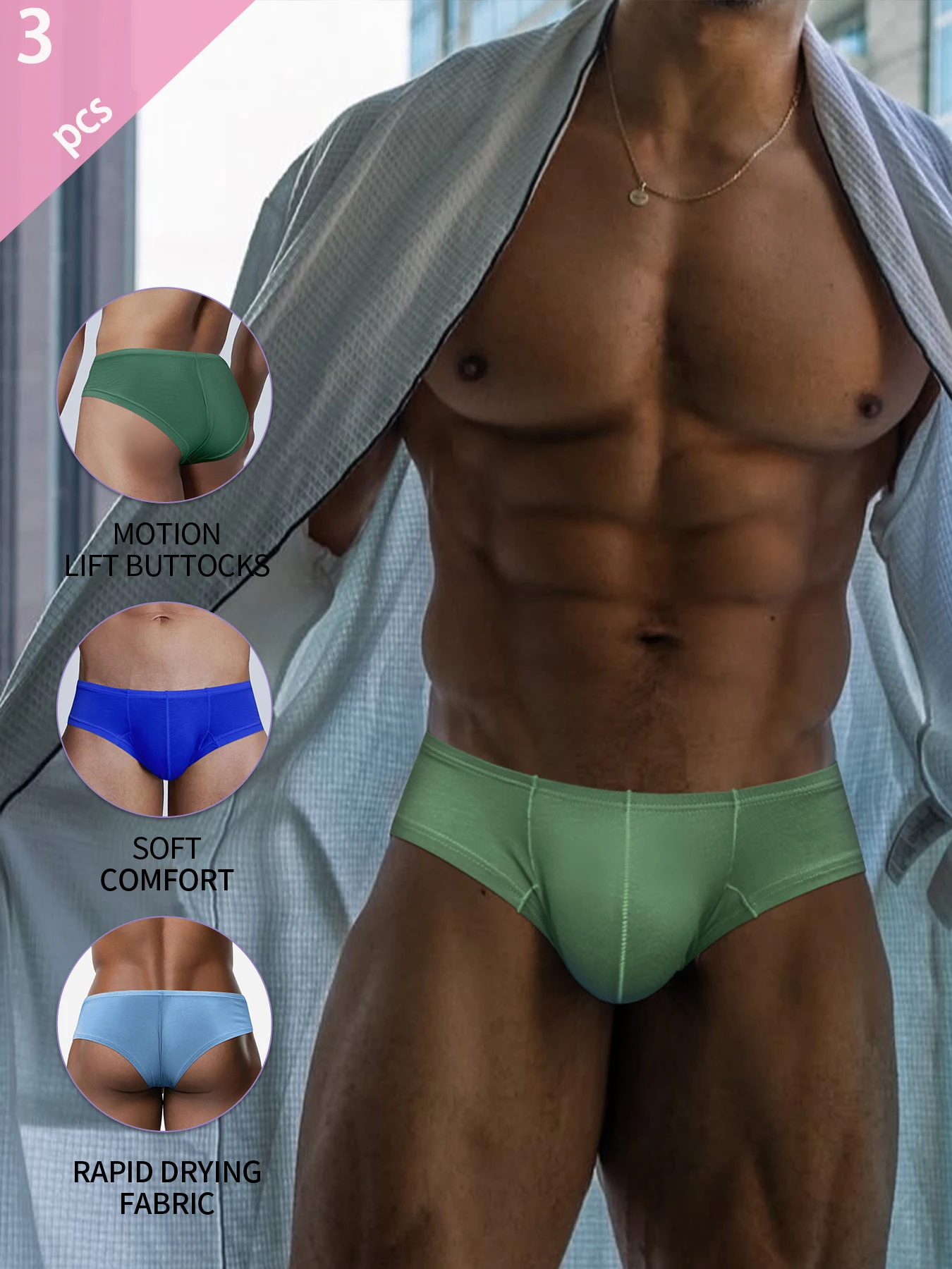 

3pcs Solid Color Bikini Low Waist Hip clip Seamless Underwear For Men Sports Comfortable Breathable Gays Underpants