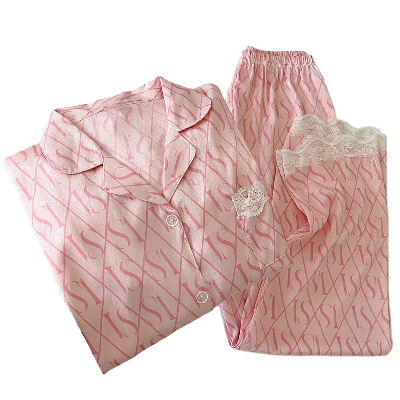 ชุดนอนผ้าไหมน้ำแข็งแต่งลูกไม้หวานใหม่สำหรับผู้หญิง ฤดูใบไม้ผลิ/ฤดูใบไม้ร่วง ชุดนอนแขนยาวหรูหราพร้อมลายพิมพ์ตัวอักษร