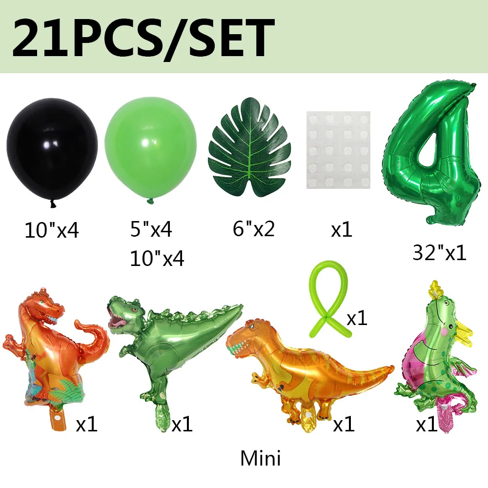 21pcs Dinosaur Balloons Green Digital Birthday Theme Balloon Baby Shower Jungle Dinosaur Party Decoration