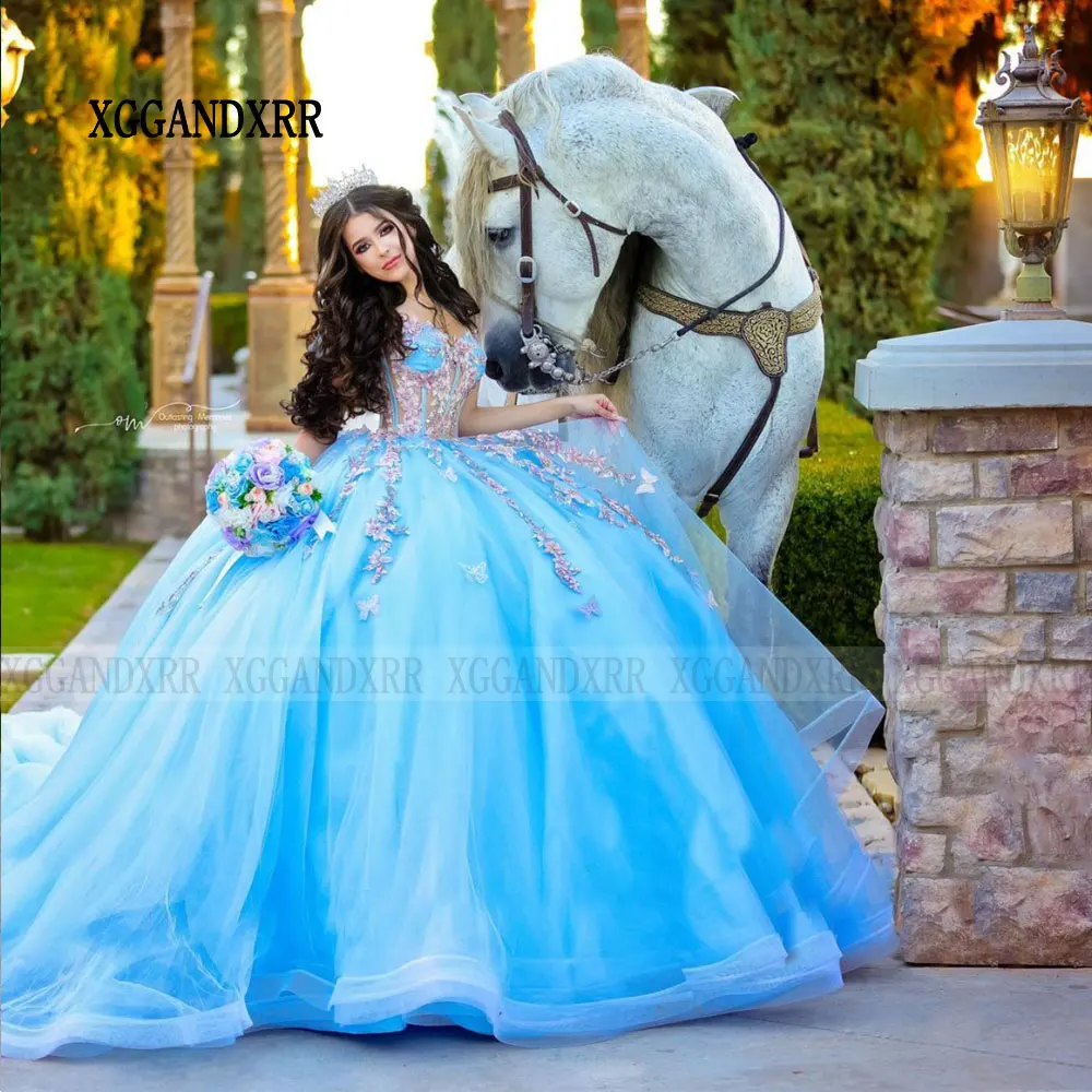 فستان الأميرة Quinceanera باللون الأزرق السماوي ، فستان حفلة XV بزهرة ثلاثية الأبعاد ، 16 فستان حلو ، فساتين مكسيكية ، 15 Quinceanera ،