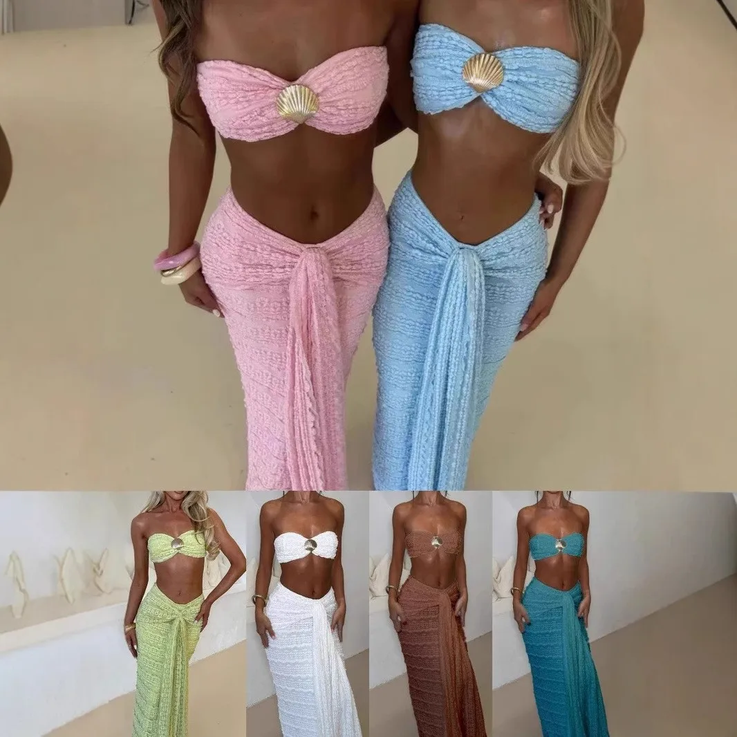Summer Beach Tankini Woman Strapless Crop Top Tankini Set High Waist Maxi Skirt Two Piece Swimsuit Sleeveless Bikini Set