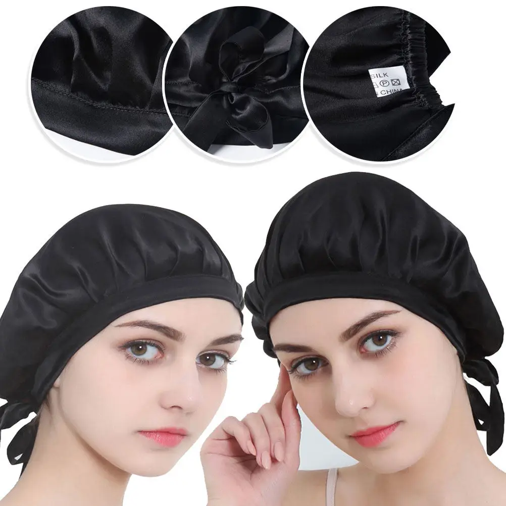 

Шелковая шапочка для сна, однотонная, большого размера, для женщин, защищает прическу, сохраняет волосы аккуратными, комфортная, дышащая, черная