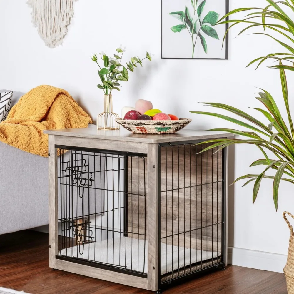 Dog Crate Furniture with Cushion, Wooden Dog Crate with Double Doors Dog Kennel Indoor End Table, Small, 27.2