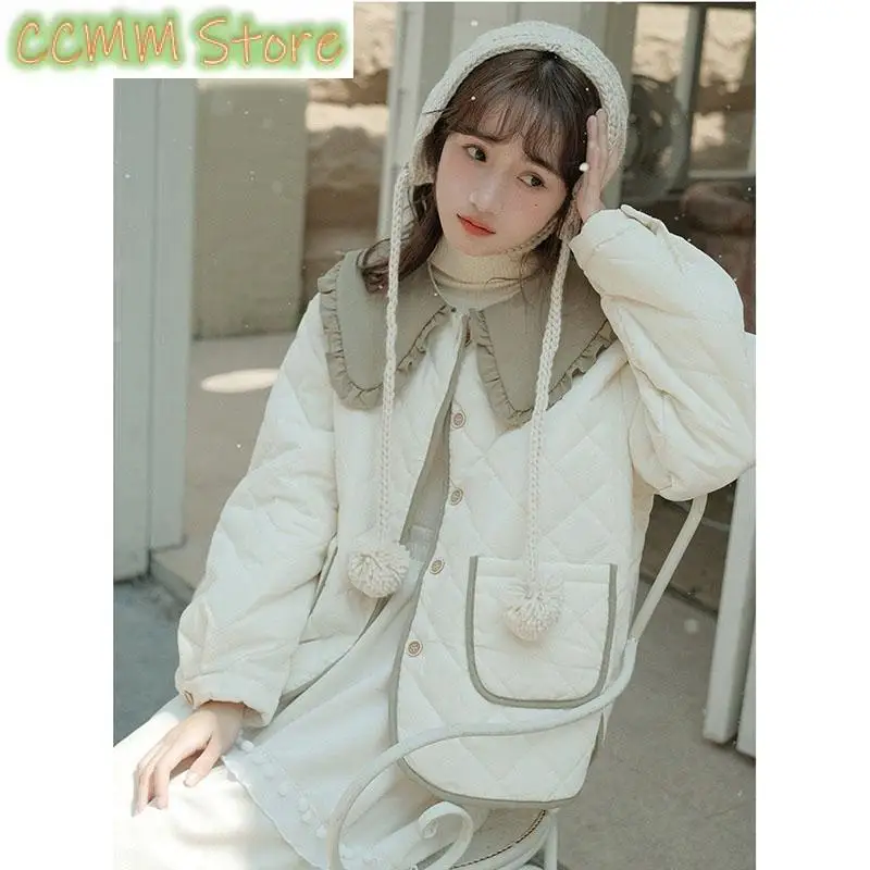 Splicing Doll Collar Women's Cotton Coat Autumn Winter New Foreign Female Rhombic Design Thick Jacket Warm Velvet Overcoat