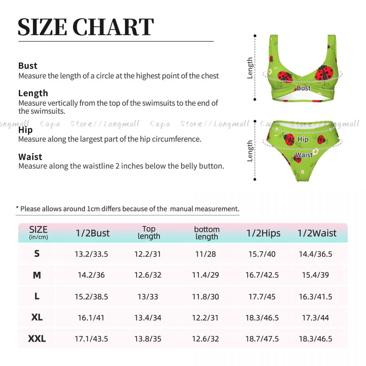 Conjunto de Bikini con cuello en V para mujer, traje de baño con fondo de mariquita y mariquita, traje de baño para playa de 2 piezas, verano