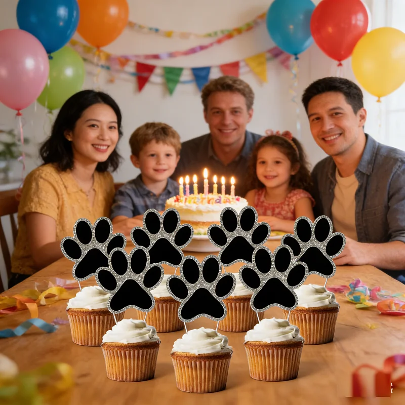 Pet Theme Dog Cake Toppers,Kids Birthday Party Cake Decoration Set, Dog Paw Cake Inserts,12pcs