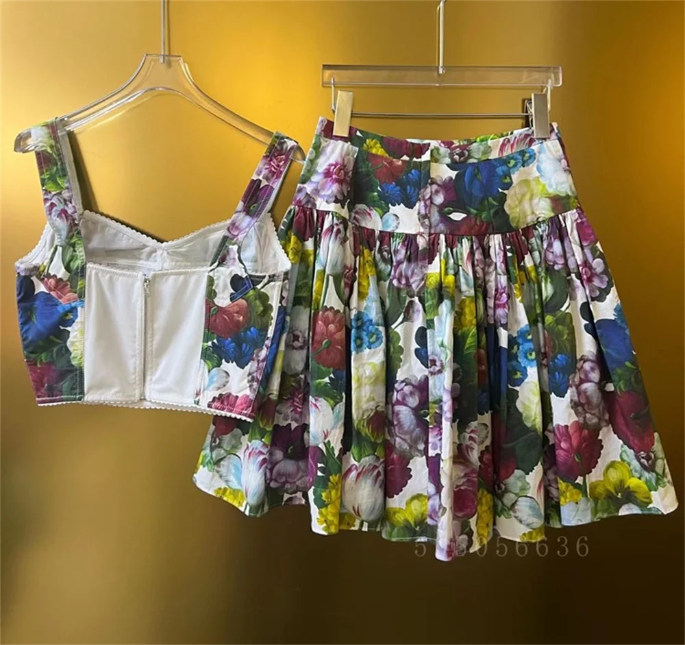 Luxury Inspired High Quality Women‘s  Floral Print Cotton Corset Top And Mini Skirt 2pcs Elegant Fashion Suitset