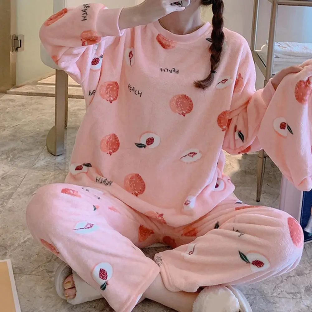 1 Set Women Pajama Set Cartoon Pattern Coral Fleece Lady Sleepwear Set Thickened Cartoon Sleepwear Women Clothes