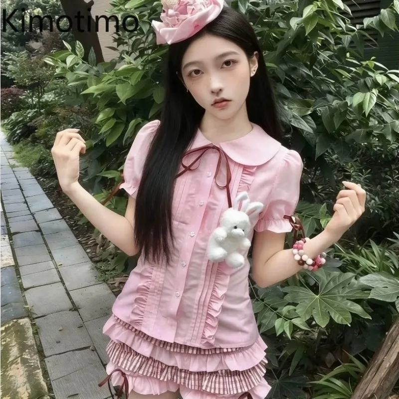 

Женская блузка Kimotimo Lolita с коротким рукавом, воротником Питер Пэн, оборками и вставками, приталенная, в японском стиле Y2K, универсальная, летняя