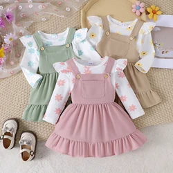 2PCS Autumn New Style Sweet And Cute Flower Top For Girls And Babies + Spliced Skirt Large Pockets Strap Skirt Set